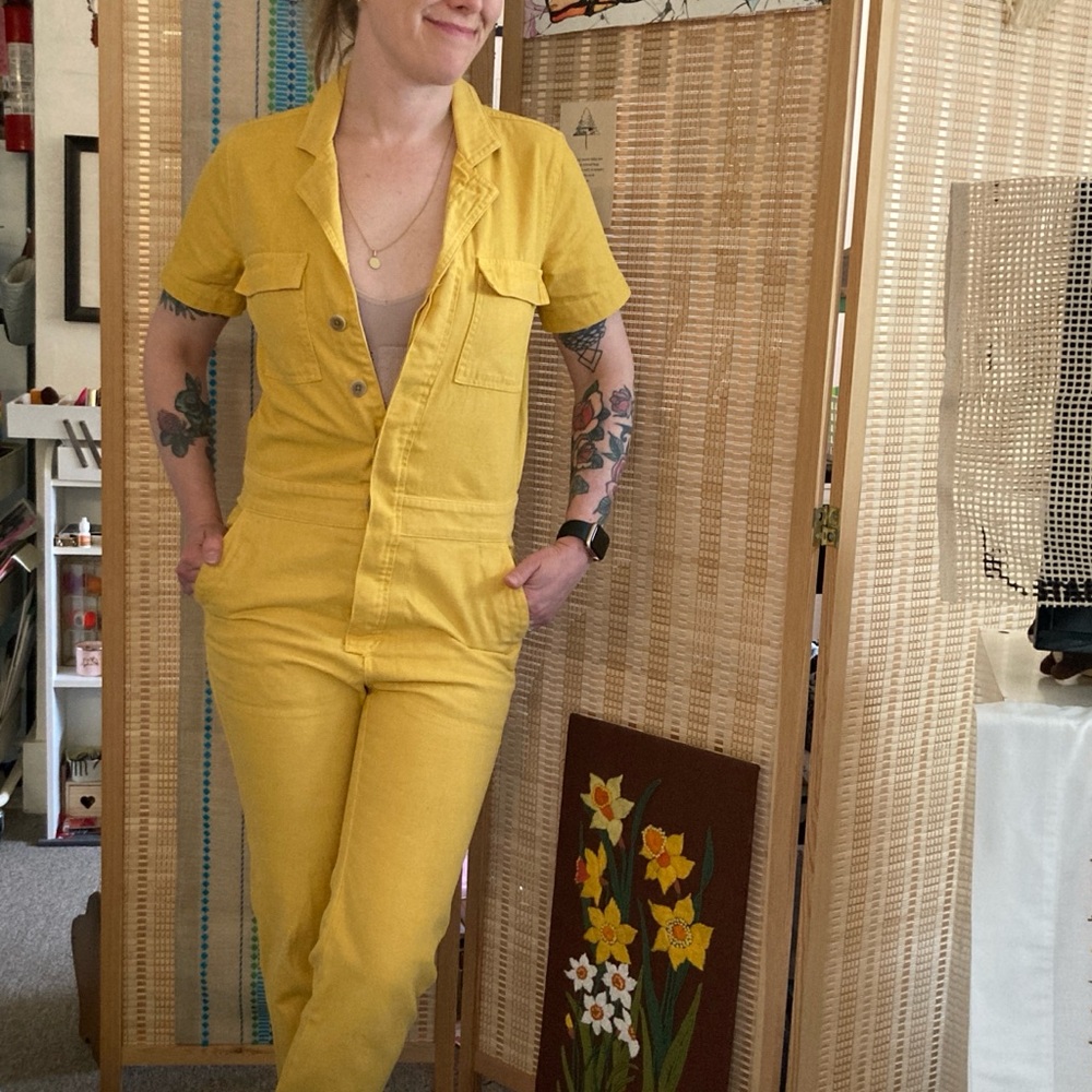 🌼Madewell denim jumpsuit • yellow ochre • short sleeve • zero stretch!